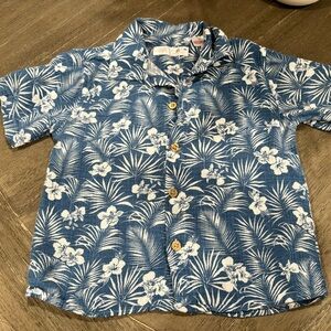 Zara Toddler Boys Linen Button Down Short Sleeve Shirt in Blue hawaiian 2-3T